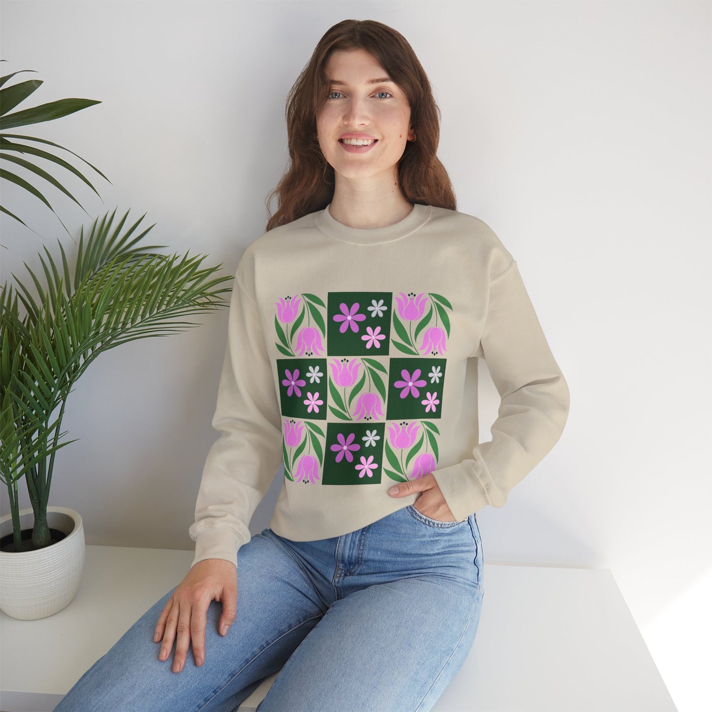 Floral Tile Crewneck Sweatshirt — Pink Tulip Grid Design