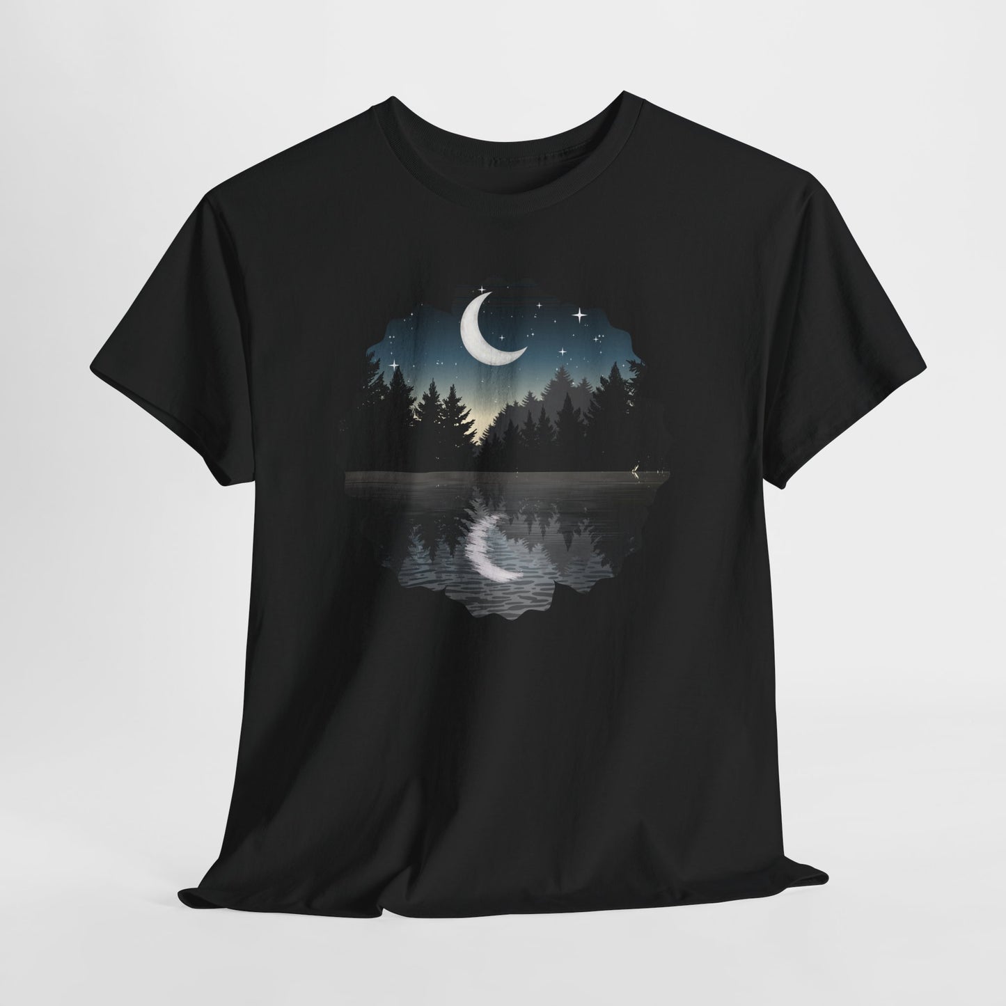 Moonlit Lake T-Shirt — Crescent Moon Forest Reflection Tee