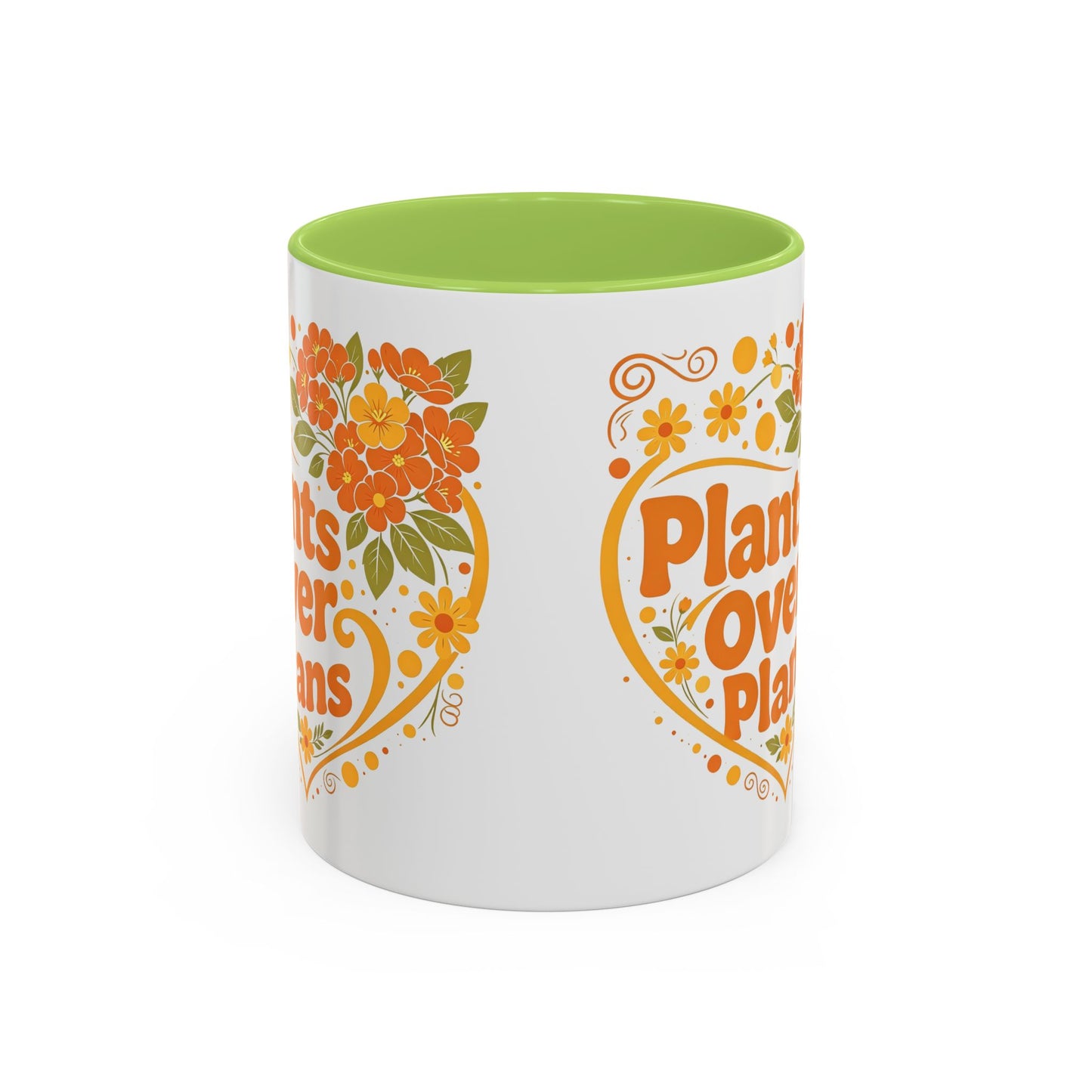 Plants Over Plans Accent Coffee Mug — Retro Floral Heart Plant Lover Gift (11oz)