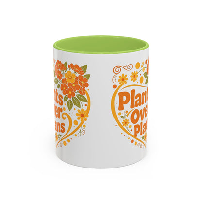 Plants Over Plans Accent Coffee Mug — Retro Floral Heart Plant Lover Gift (11oz)