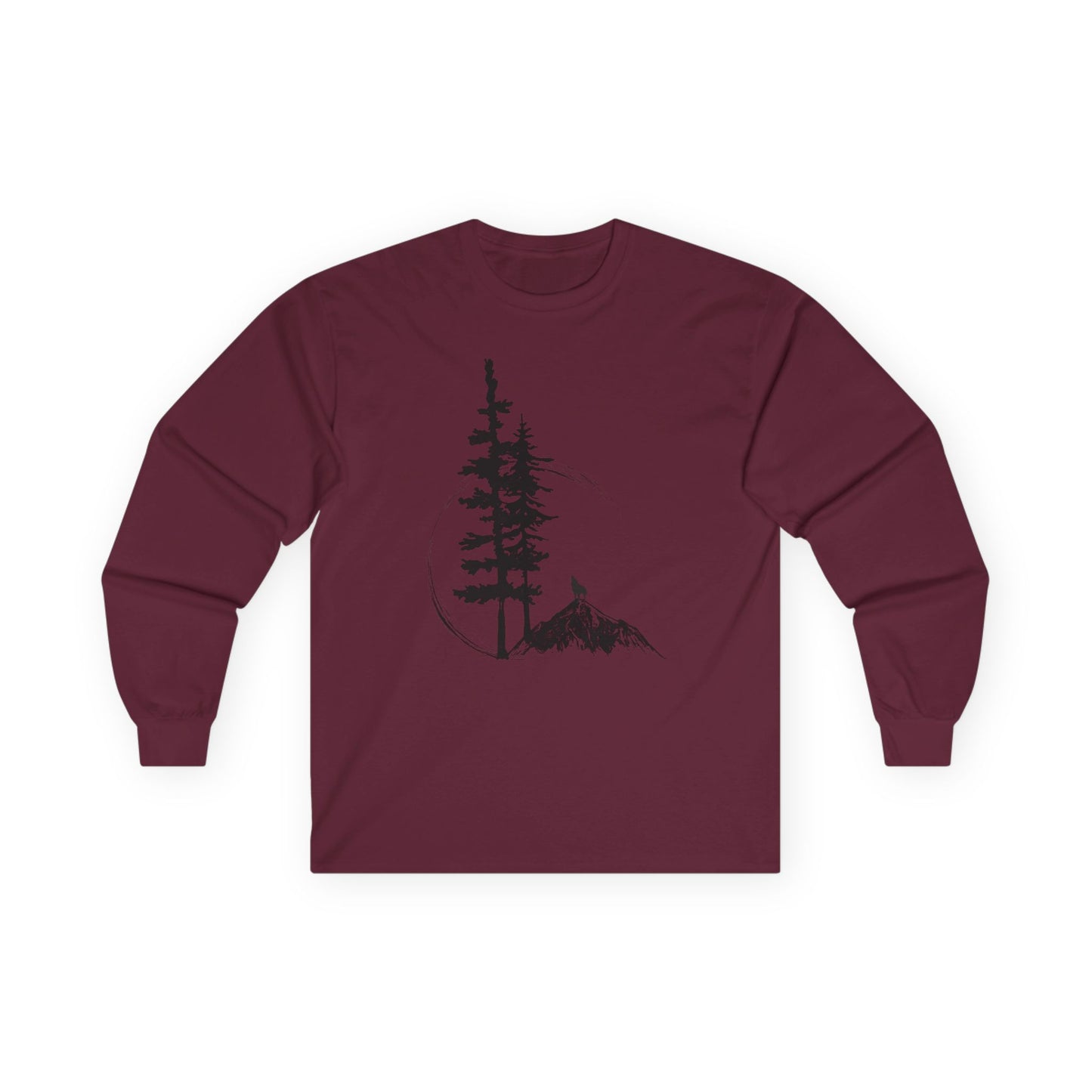 Nature Sketch Long Sleeve Tee — Pine Tree & Mountain Minimalist