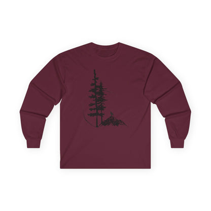 Nature Sketch Long Sleeve Tee — Pine Tree & Mountain Minimalist