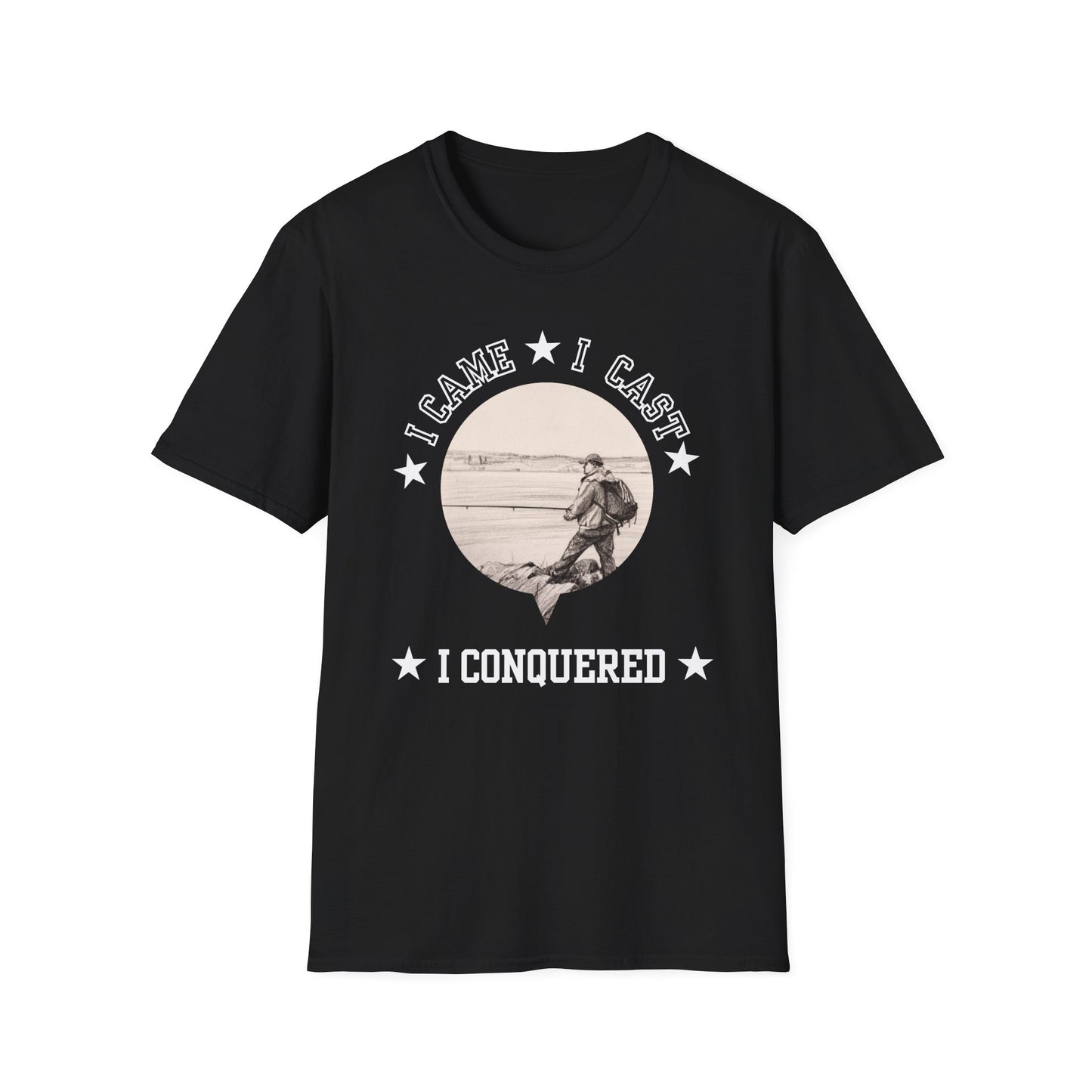 Black t-shirt with graphic design and text on a white background