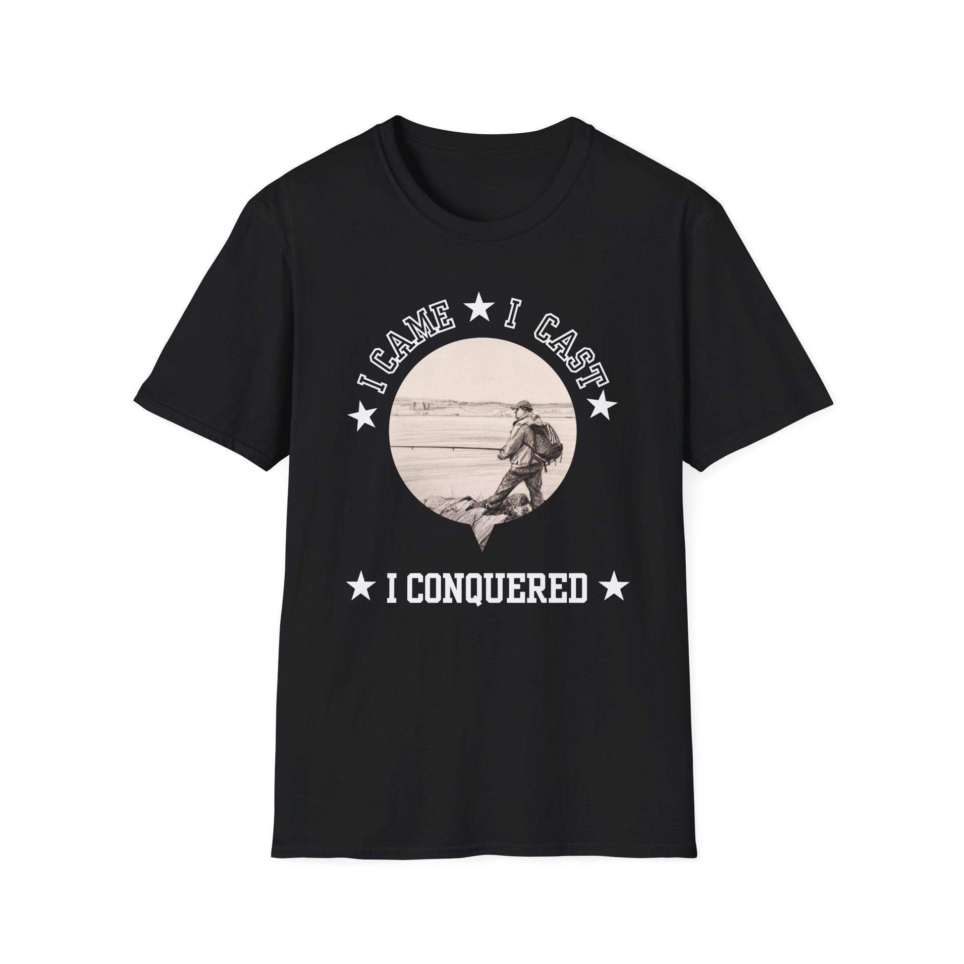 Black t-shirt with graphic design and text on a white background