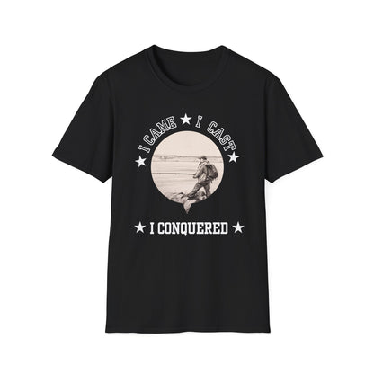 Black t-shirt with graphic design and text on a white background