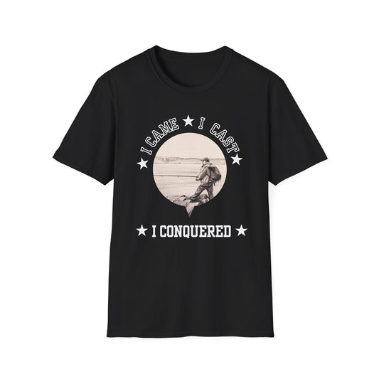 Black t-shirt with graphic design and text on a white background