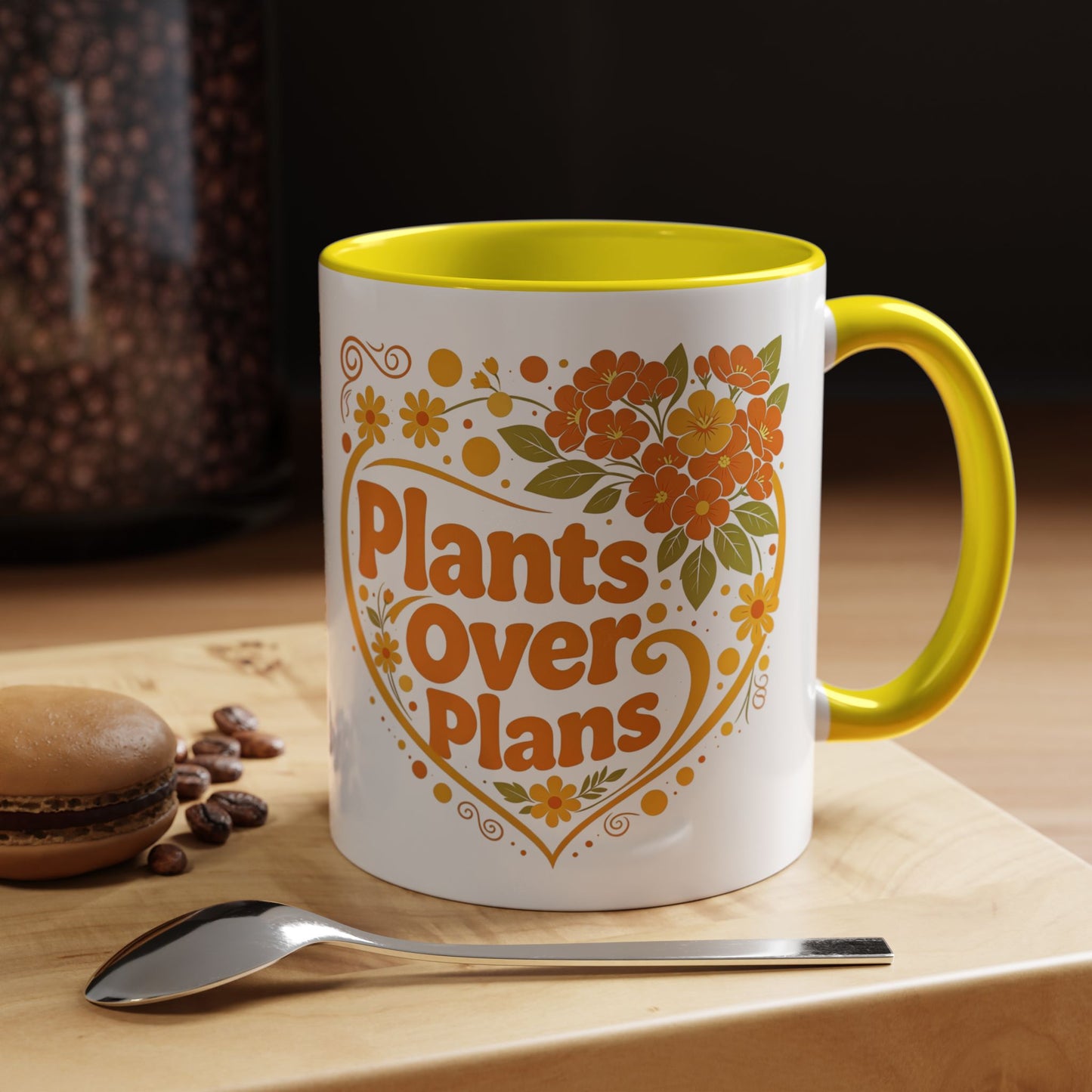 Plants Over Plans Accent Coffee Mug — Retro Floral Heart Plant Lover Gift (11oz)