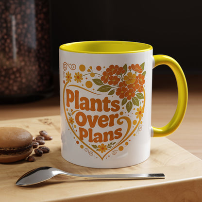 Plants Over Plans Accent Coffee Mug — Retro Floral Heart Plant Lover Gift (11oz)