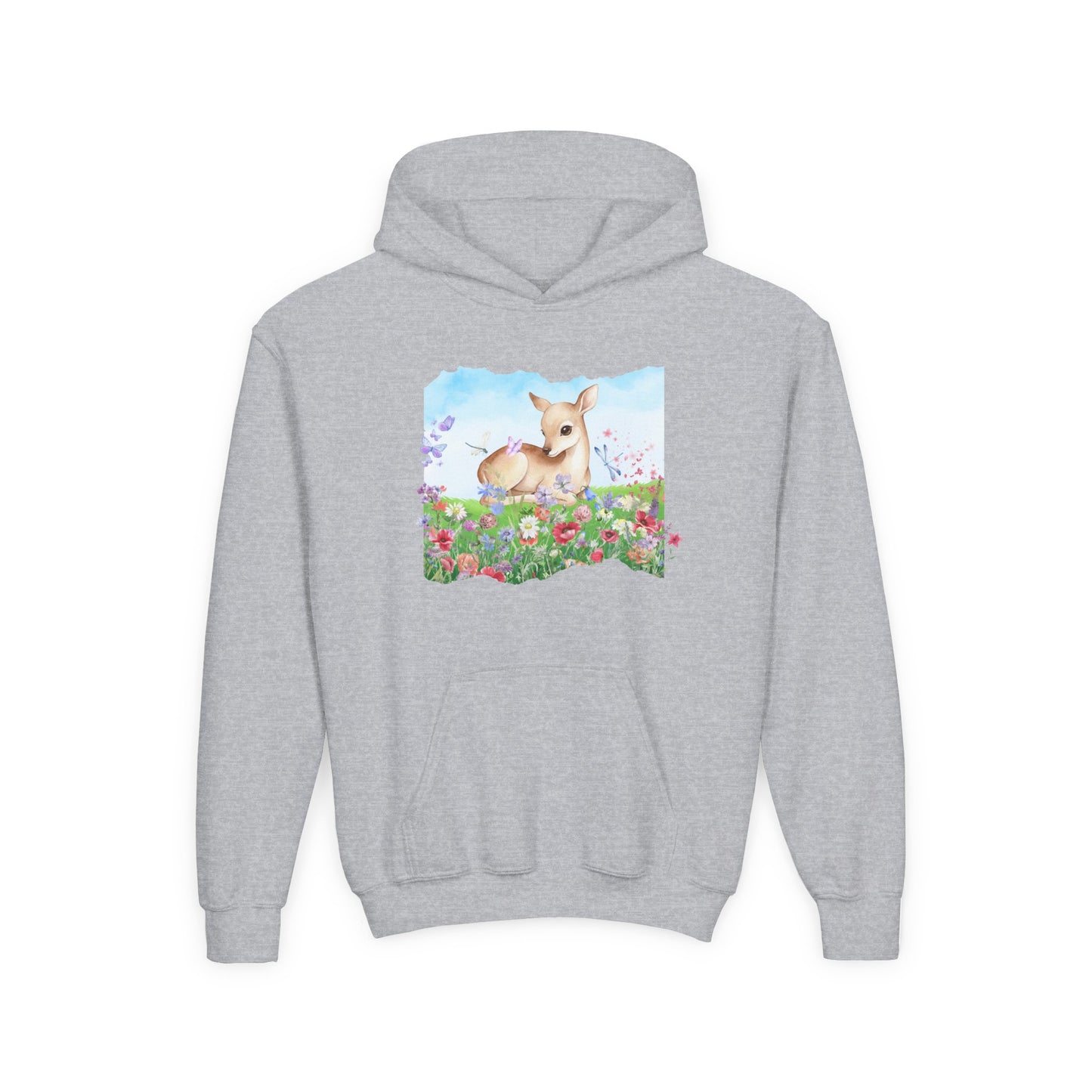 Youth Hoodie — Watercolour Fawn in Wildflower Meadow