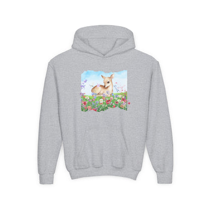 Youth Hoodie — Watercolour Fawn in Wildflower Meadow