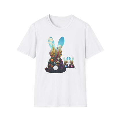 Easter Bunny Silhouette T‑Shirt — Floral Nightscape Bunny Design