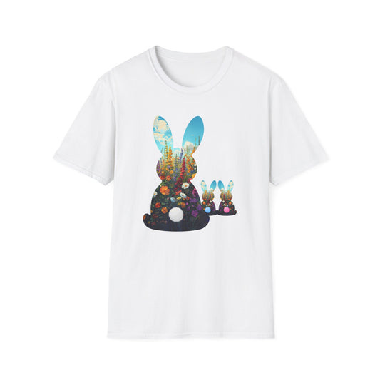 Easter Bunny Silhouette T‑Shirt — Floral Nightscape Bunny Design