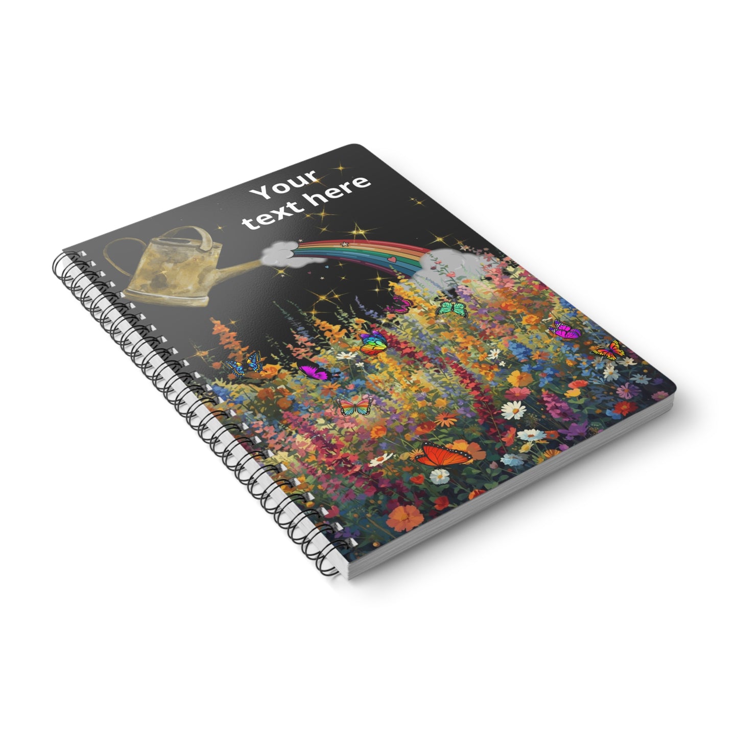 A5 Spiral Notebook — Watering Can Rainbow Over Wildflower Garden (Custom Text)