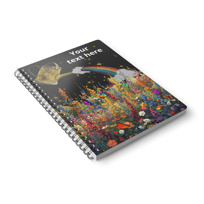 A5 Spiral Notebook — Watering Can Rainbow Over Wildflower Garden (Custom Text)