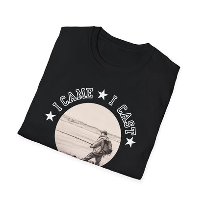 Black t-shirt with a mermaid design and text on a white background