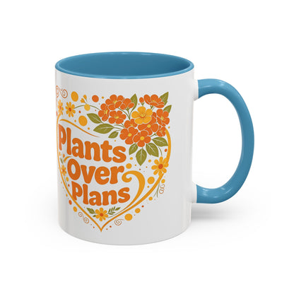 Plants Over Plans Accent Coffee Mug — Retro Floral Heart Plant Lover Gift (11oz)