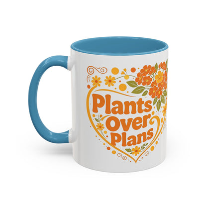 Plants Over Plans Accent Coffee Mug — Retro Floral Heart Plant Lover Gift (11oz)