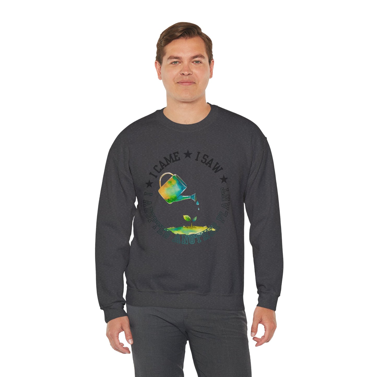 Gardener Sweatshirt — "I Came, I Saw, I Adopted Another Plant" Watercolour Watering Can Crewneck