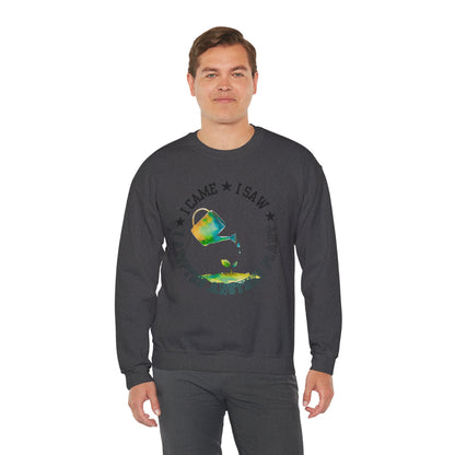Gardener Sweatshirt — "I Came, I Saw, I Adopted Another Plant" Watercolour Watering Can Crewneck
