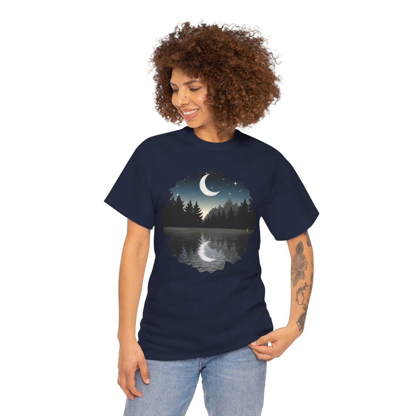 Moonlit Lake T-Shirt — Crescent Moon Forest Reflection Tee