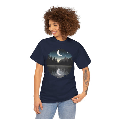 Moonlit Lake T-Shirt — Crescent Moon Forest Reflection Tee
