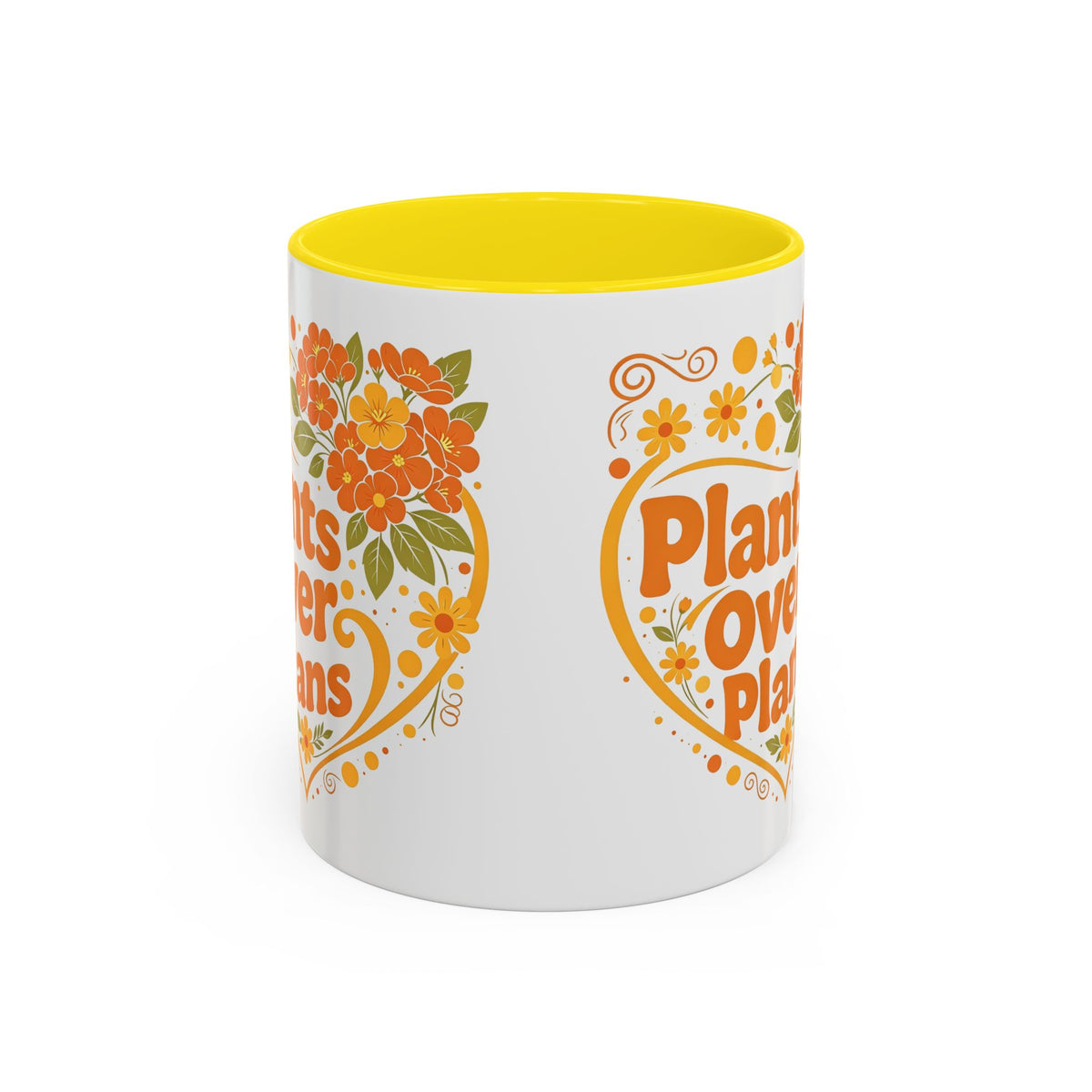 Plants Over Plans Accent Coffee Mug — Retro Floral Heart Plant Lover Gift (11oz)