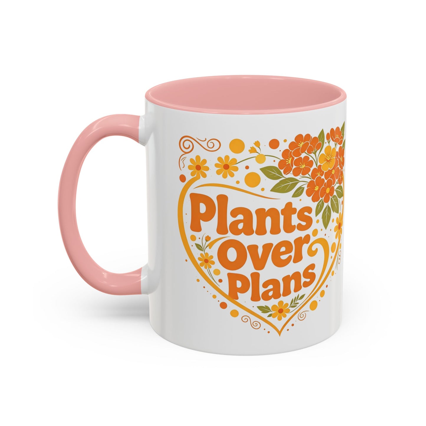 Plants Over Plans Accent Coffee Mug — Retro Floral Heart Plant Lover Gift (11oz)