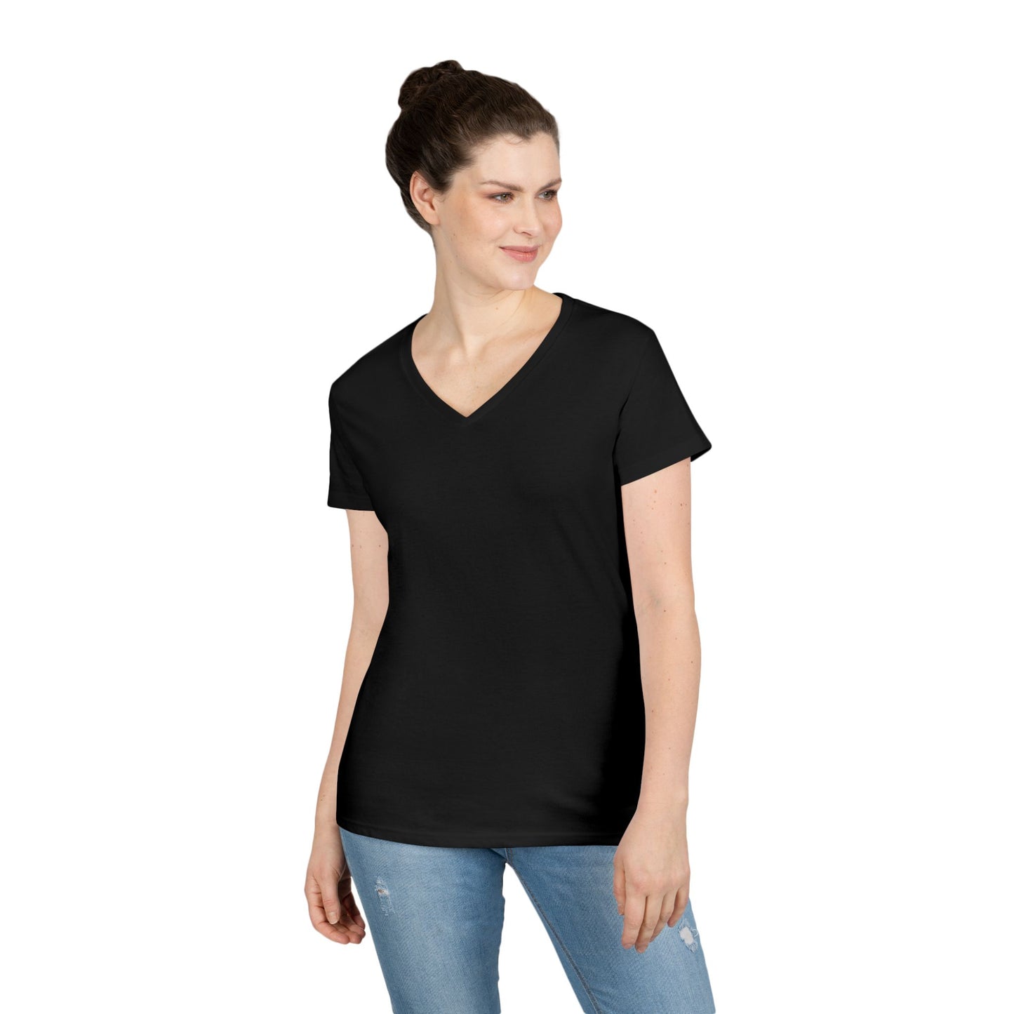 Ladies' V-Neck T-Shirt — Moonlit Lake Forest Graphic Tee