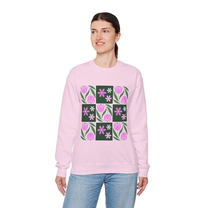 Floral Tile Crewneck Sweatshirt — Pink Tulip Grid Design