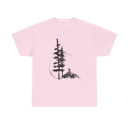 Pink t-shirt with a black tree and mountain graphic on a white background