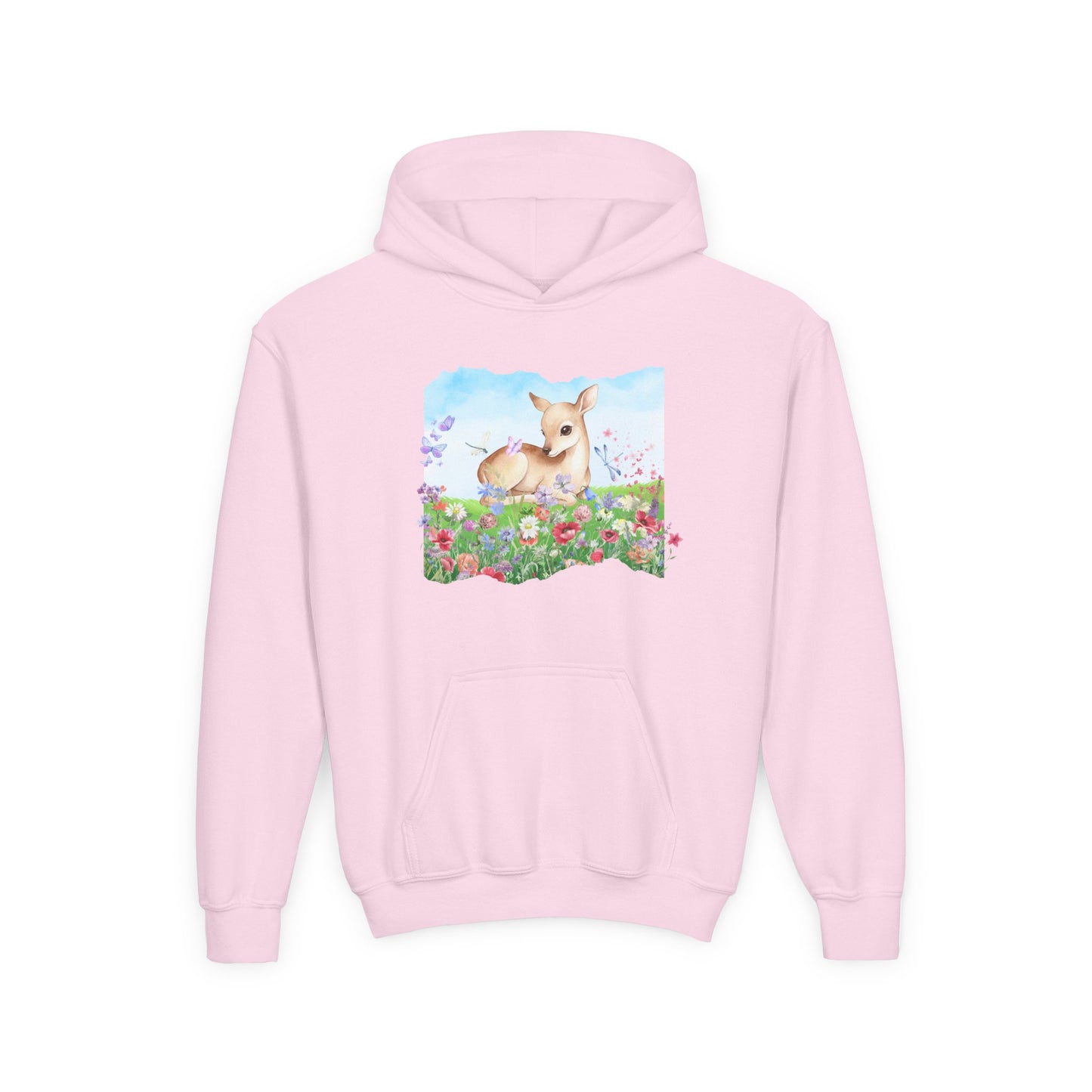 Youth Hoodie — Watercolour Fawn in Wildflower Meadow