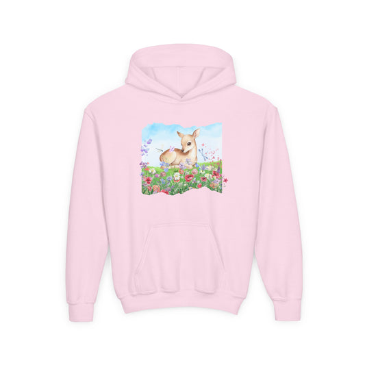 Youth Hoodie — Watercolour Fawn in Wildflower Meadow