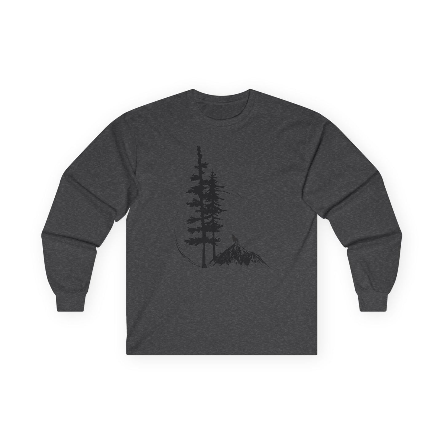 Dark gray long-sleeve shirt with a graphic of trees and mountains on a white background