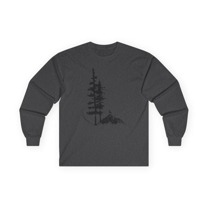 Dark gray long-sleeve shirt with a graphic of trees and mountains on a white background