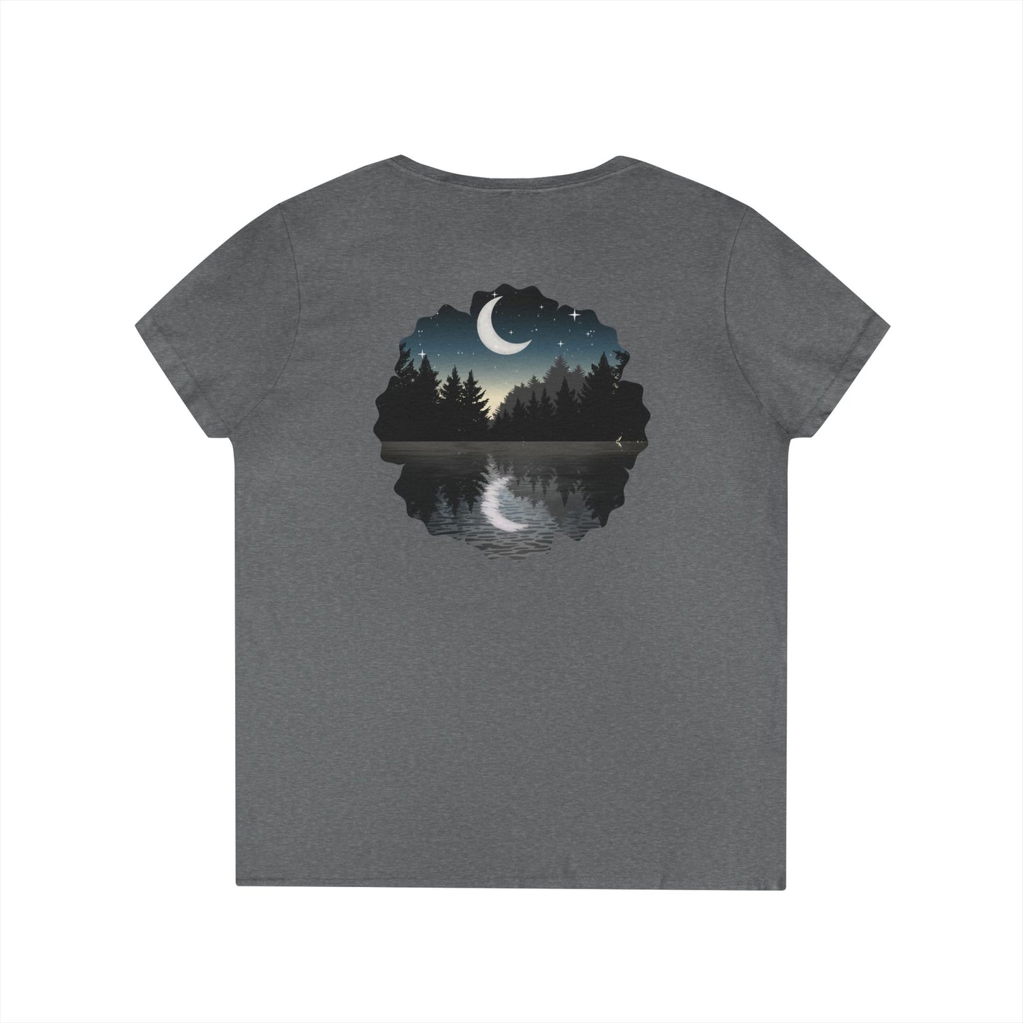 Ladies' V-Neck T-Shirt — Moonlit Lake Forest Graphic Tee