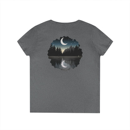 Ladies' V-Neck T-Shirt — Moonlit Lake Forest Graphic Tee