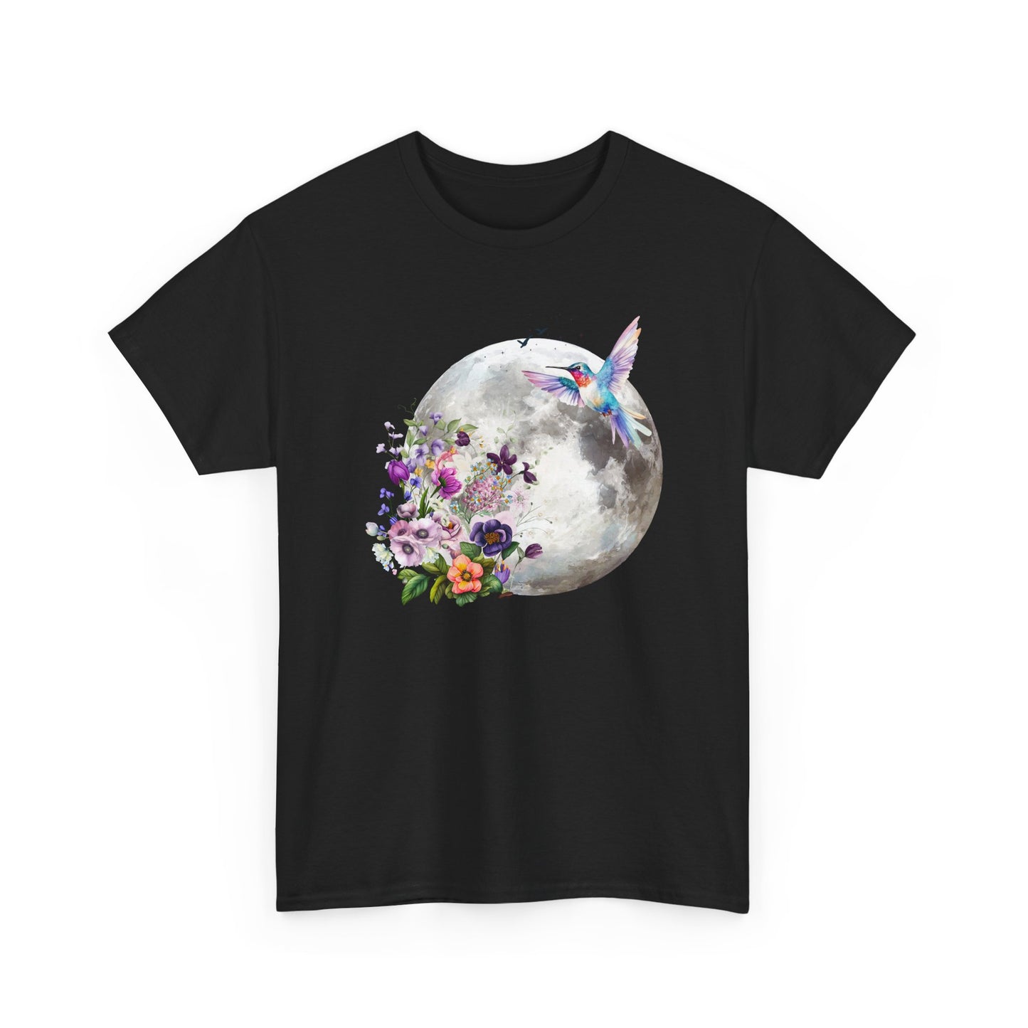Moon & Hummingbird Floral T-Shirt — Watercolour Moon with Flowers