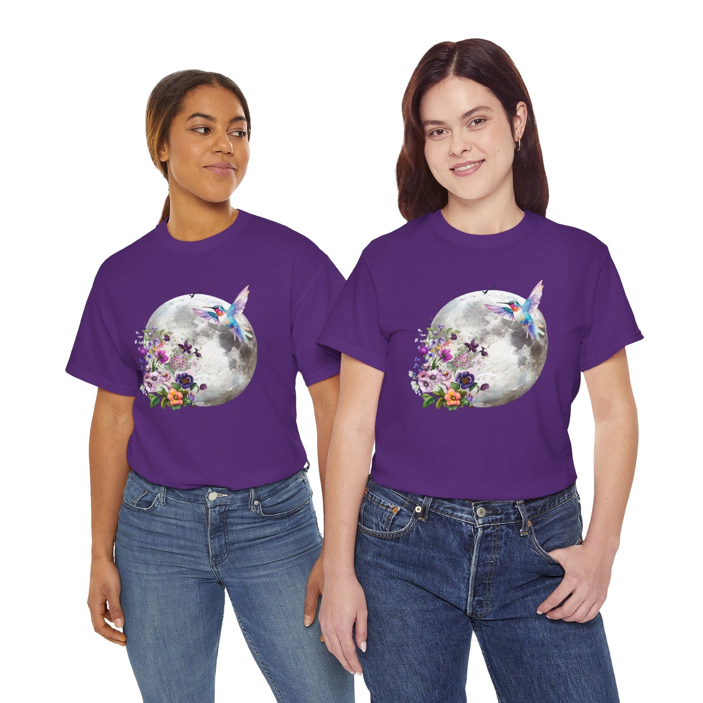 Moon & Hummingbird Floral T-Shirt — Watercolour Moon with Flowers