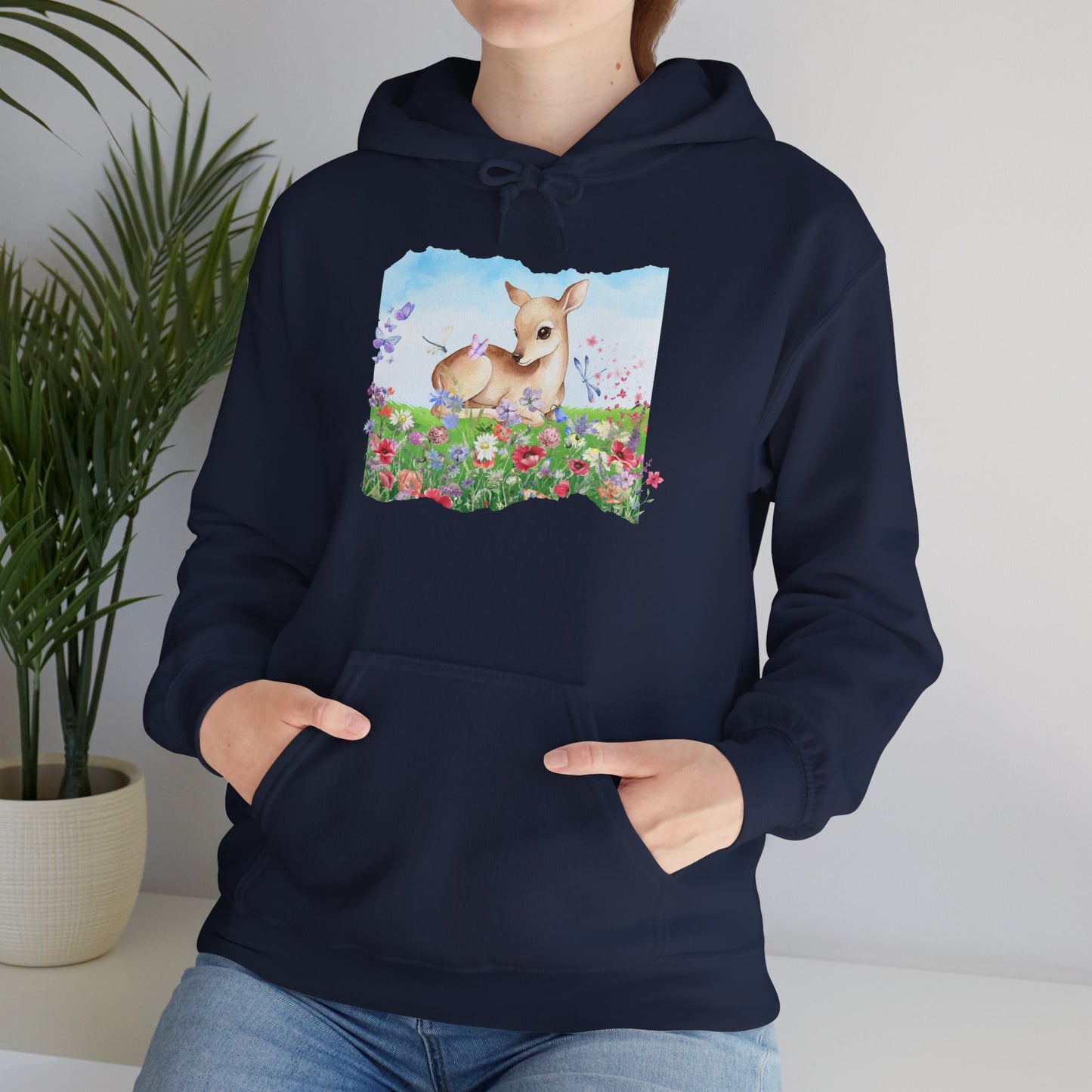 Doe in Wildflower Meadow Hoodie — Cute Fawn Animal Graphic Sweatshirt