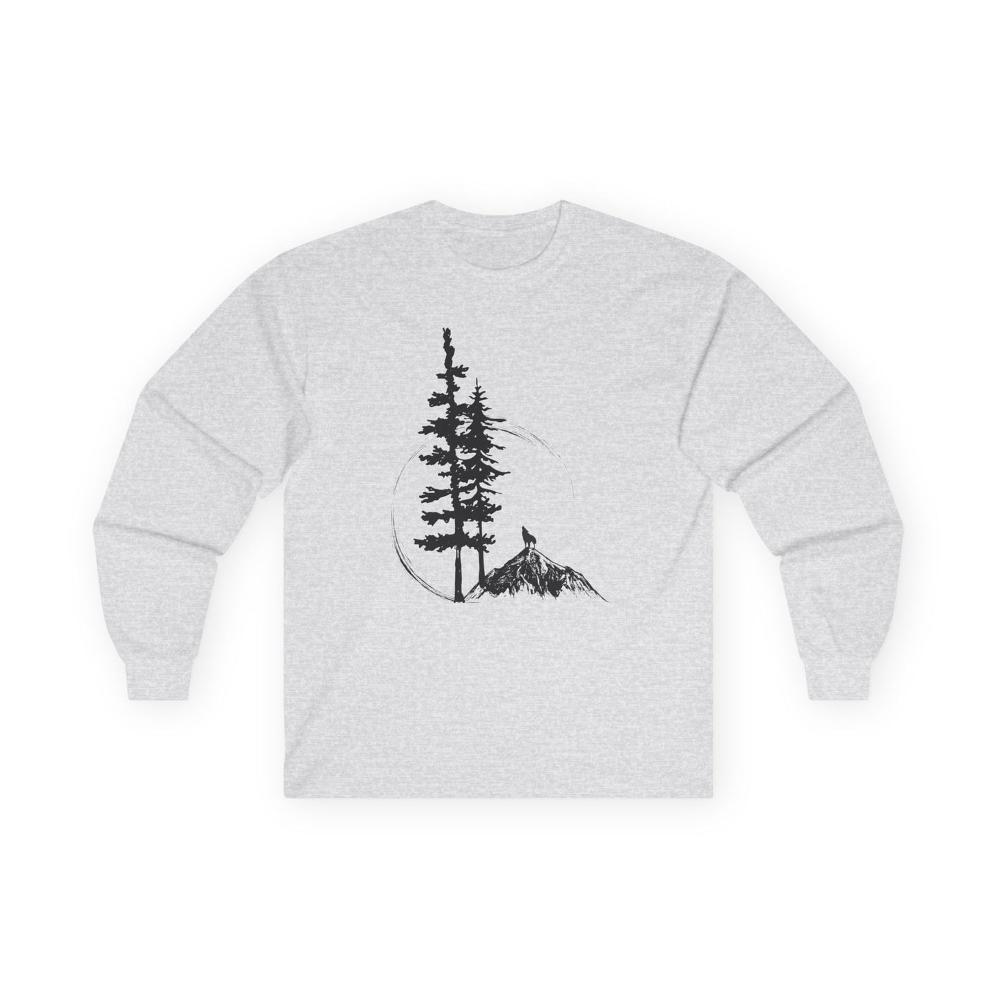 Nature Sketch Long Sleeve Tee — Pine Tree & Mountain Minimalist