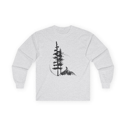 Nature Sketch Long Sleeve Tee — Pine Tree & Mountain Minimalist