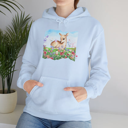 Doe in Wildflower Meadow Hoodie — Cute Fawn Animal Graphic Sweatshirt