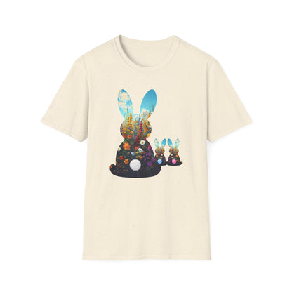Easter Bunny Silhouette T‑Shirt — Floral Nightscape Bunny Design