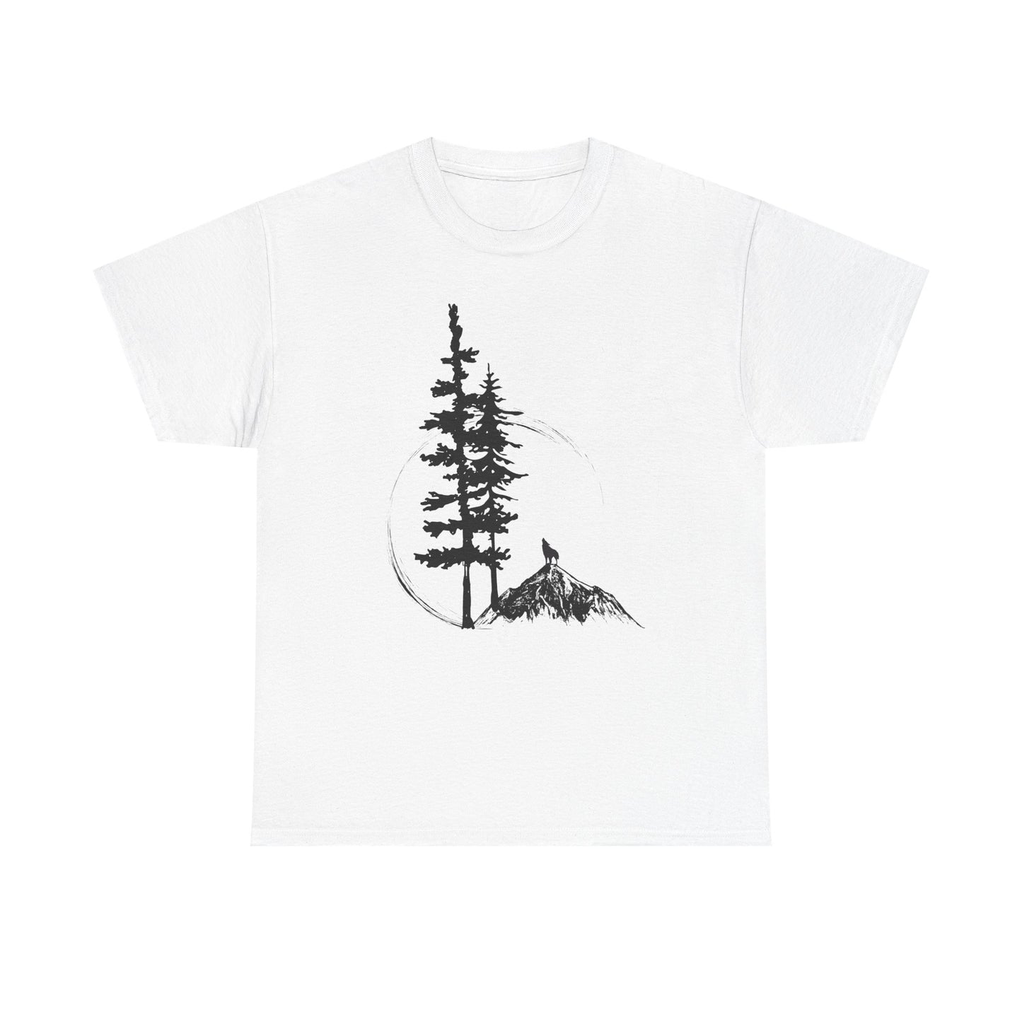 White t-shirt with black tree and mountain graphic on a white background
