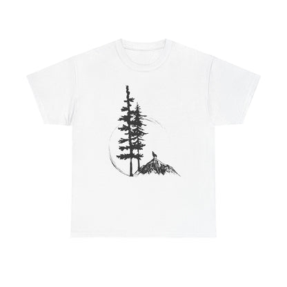 White t-shirt with black tree and mountain graphic on a white background