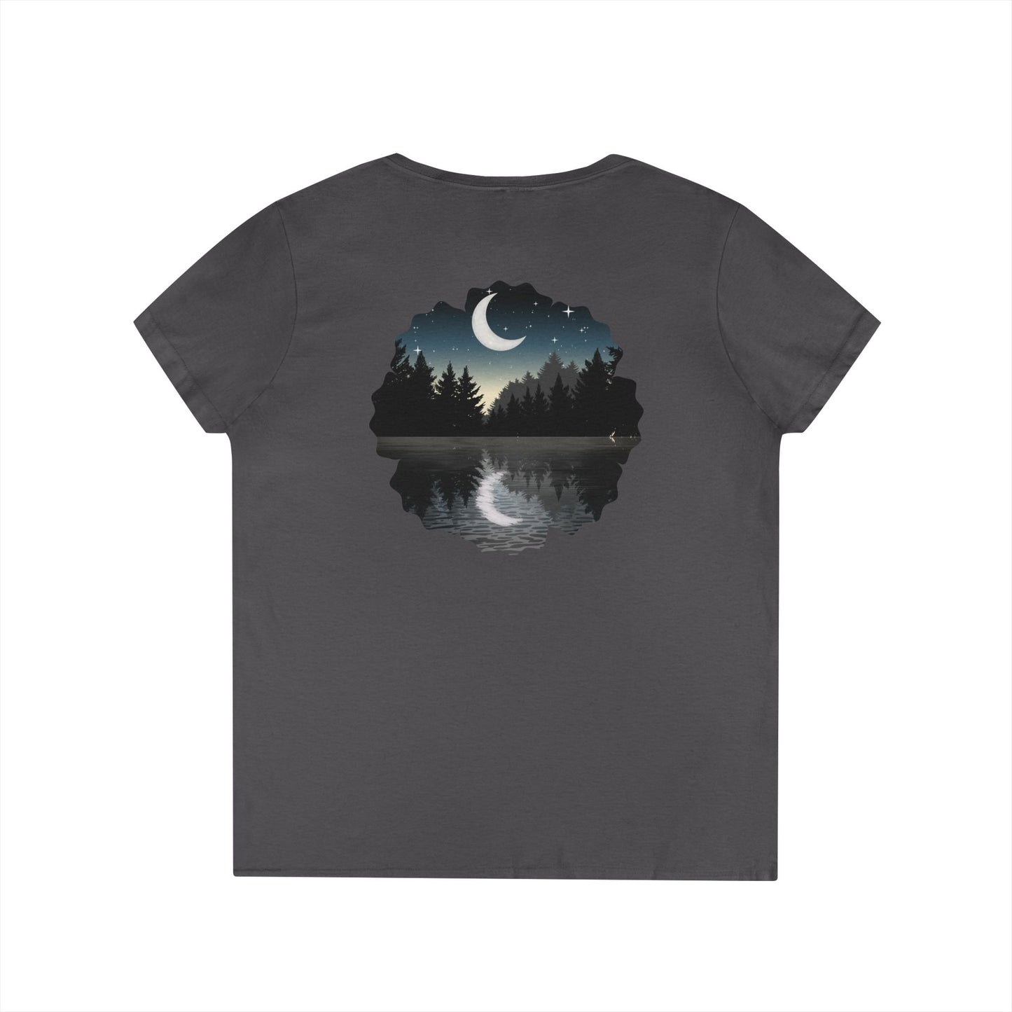 Ladies' V-Neck T-Shirt — Moonlit Lake Forest Graphic Tee