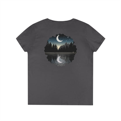Ladies' V-Neck T-Shirt — Moonlit Lake Forest Graphic Tee