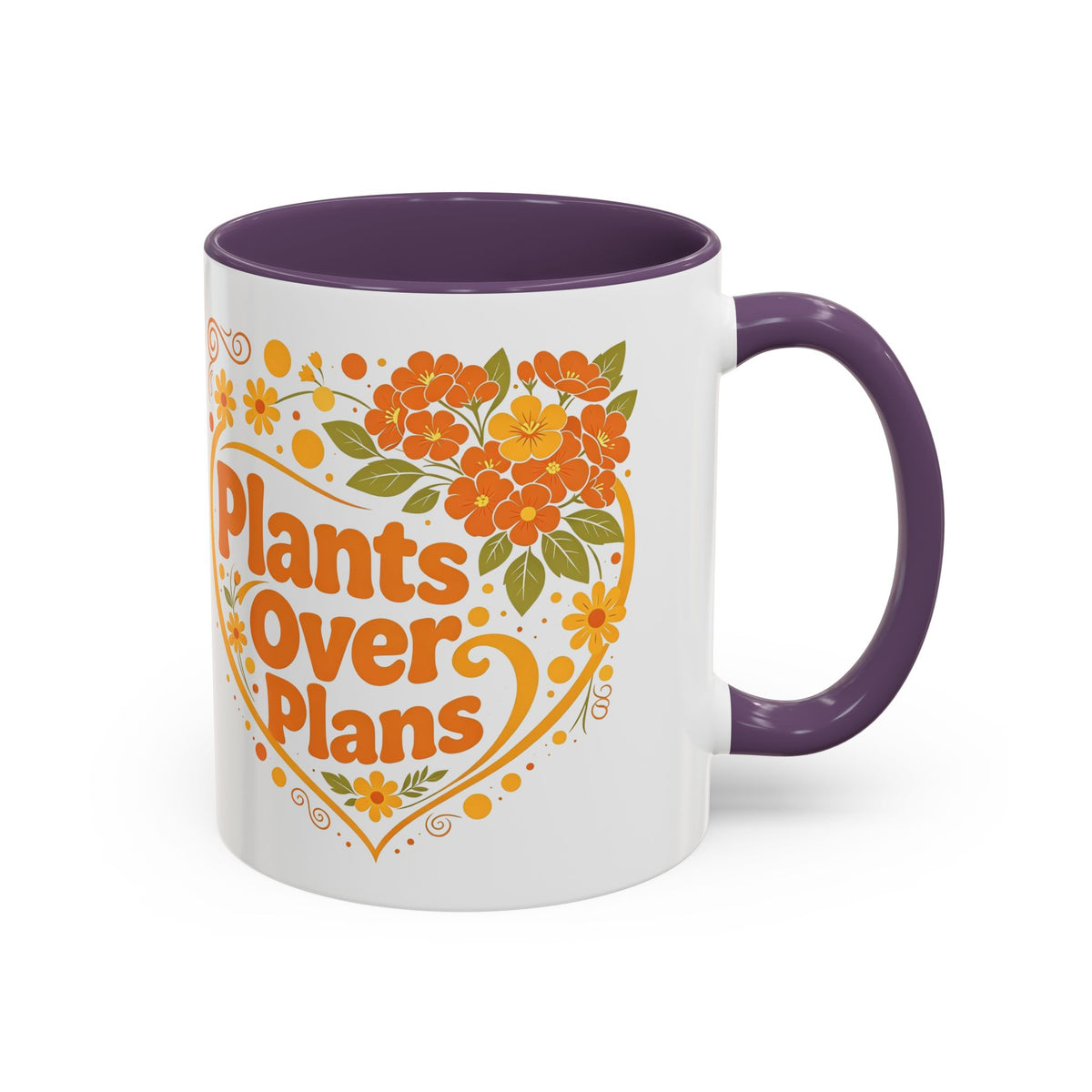 Plants Over Plans Accent Coffee Mug — Retro Floral Heart Plant Lover Gift (11oz)