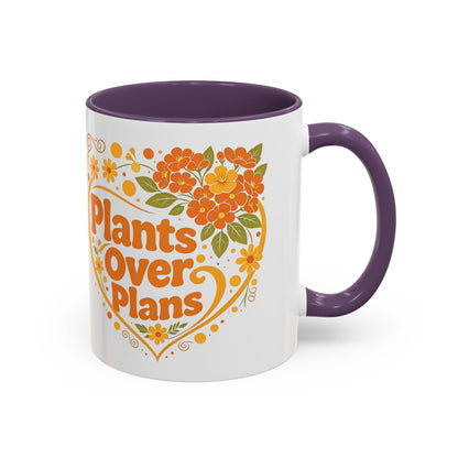 Plants Over Plans Accent Coffee Mug — Retro Floral Heart Plant Lover Gift (11oz)
