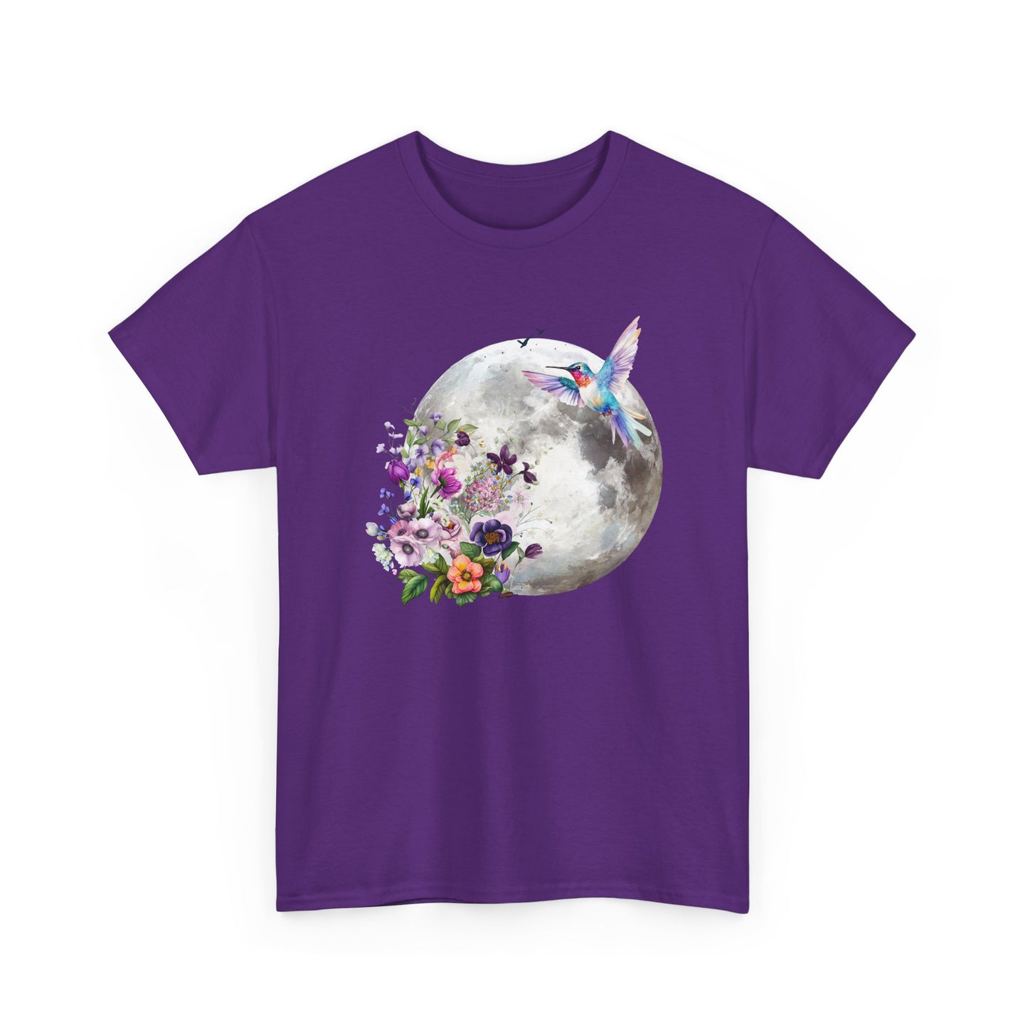 Moon & Hummingbird Floral T-Shirt — Watercolour Moon with Flowers